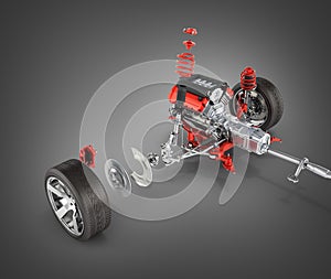 Suspension of the car with wheel and engine Undercarriage in detail isolated on black gradient background 3d