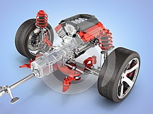 Suspension of the car with wheel and engine Undercarriage in detail isolated on blue gradient background 3d