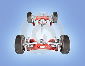 Suspension of the car with wheel and engine Undercarriage in detail isolated on blue gradient background 3d