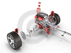 Suspension of the car with wheel and engine Undercarriage in detail isolated on white background 3d