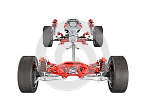 Suspension of the car with wheel and engine Undercarriage in detail isolated on white background 3d without shadow