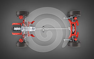 Suspension of the car with wheel and engine Undercarriage in detail top view isolated on black gradient background 3d