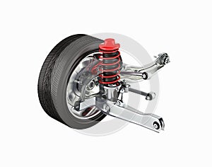 Suspension of the car with wheel perspective view without shadow on white background 3d