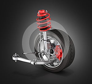 Suspension of the car with wheel without shadow on black background 3d