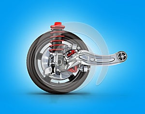 Suspension of the car with wheel side view on blue background 3d