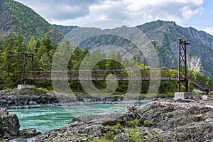 Suspension pedestrian bridge over the Katun river near the village of Elanda