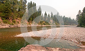 Suspension Bridge over Flathead River at the Spotted Bear Ranger Station / Campground in Montana USA