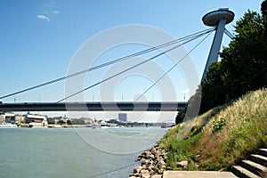 Suspension pylon with the UFO-like observation deck of the the SNP Bridge over Danube River, Bratislava, Slovakia