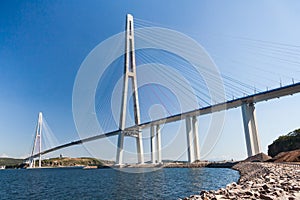 Suspension Russkiy Bridge seen from Russkiy island in Vladivostok, Russia