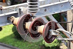 Suspension Type Insulators on Electrical Pole Close up view