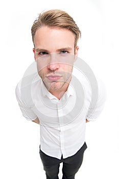 Suspicious glance. Man well groomed unbuttoned white collar elegant shirt isolated white background. I suspect you