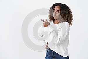 Suspicious hesitant unsure triggered african-american questioned woman plus-size wear white sweater look doubtful ask