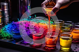 Suspicious laboratory scene. Multicolored beakers, hand pours the liquid into a glass