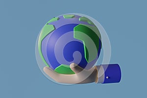 Sustain earth / Earth day concept: Cartoon style hands model holding a planet earth on blue background. 3d illustration photo