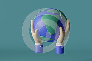 Sustain earth / Earth day concept: Hands model holding a planet earth on blue background. 3d illustration photo