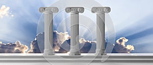 Sustainability concept. Three marble pillars and steps on blue sky background. 3d illustration