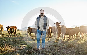 Sustainability, farming and portrait of man with cows on field, happy farmer in countryside with dairy and beef