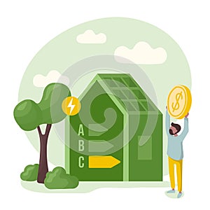 Sustainability illustration. Energy efficiency in household and industry. Person checks heating meter and calculates