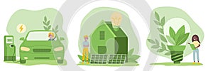 Sustainability illustration set in flat style. Energy saving light bulb, electric vehicle, solar panels. Green