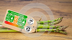 Sustainability rating label on organic asparagus