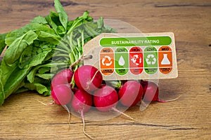 Sustainability Rating label on radishes with high, med and low ratings