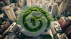 Sustainability and sustainable development concept. Large leafy green tree is preserved in the middle of the modern city of