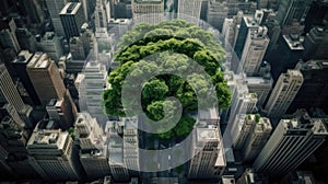 Sustainability and sustainable development concept. Large leafy green tree is preserved in the middle of the modern city of