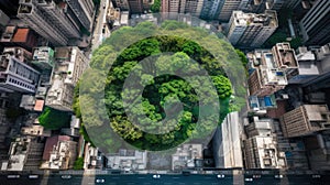 Sustainability and sustainable development concept. Large leafy green tree is preserved in the middle of the modern city of