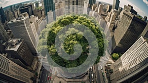 Sustainability and sustainable development concept. Large leafy green tree is preserved in the middle of the modern city of