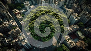 Sustainability and sustainable development concept. Large leafy green tree is preserved in the middle of the modern city of