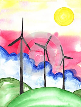 Sustainability Windmills Watercolor photo