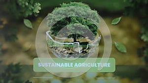 Sustainable Agriculture inscription. Graphic presentation with green nature and healthy soil background and big tree in