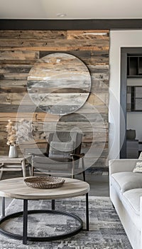 Sustainable Art and Minimalist Furniture with Reclaimed Wood Wall Design photo