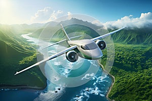 Sustainable aviation fuel concept. Airplane flying above green mountains and river. Net zero emissions flight. Eco-friendly