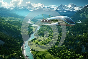 Sustainable aviation fuel concept. Airplane flying above green mountains and river. Net zero emissions flight. Eco-friendly