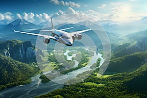 Sustainable aviation fuel concept. Airplane flying above green mountains and river. Net zero emissions flight. Eco-friendly