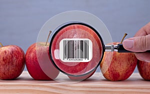 Sustainable bar code label on apple magnified by magnifying lens