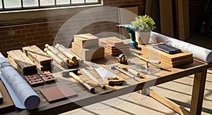 Sustainable building materials and tools on workshop table in sunlight