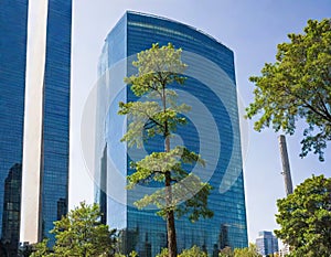 Sustainable building with solar panels on the close up view