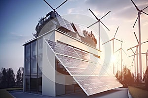 sustainable building, with solar panels and wind turbines on the roof, providing energy for the building