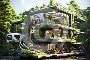 Sustainable buildings in modern city, green plants on walls and roofs