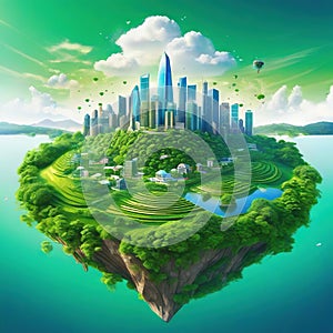 Sustainable cityscape with floating island with green lush Fantasy art that promotes ecological print idea for environmental ad