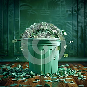 Sustainable concept Green bin filled with paper waste, isolated backdrop