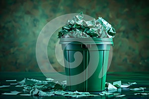 Sustainable concept Green bin filled with paper waste, isolated backdrop