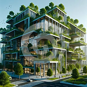 sustainable construction, modern Green skyscraper building with plants growing on the facade. Ecology and green living in city