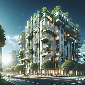 sustainable construction, modern Green skyscraper building with plants growing on the facade. Ecology and green living in city