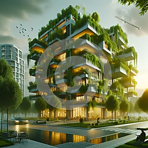 sustainable construction, modern Green skyscraper building with plants growing on the facade. Ecology and green living in city