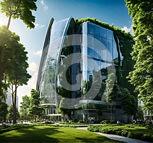 sustainable construction, modern Green skyscraper building with plants growing on the facade. Ecology and green living in city