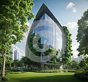 sustainable construction, modern Green skyscraper building with plants growing on the facade. Ecology and green living in city