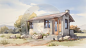 Sustainable Design: Watercolor Sketch Of A Small Cottage In Earthy Tones